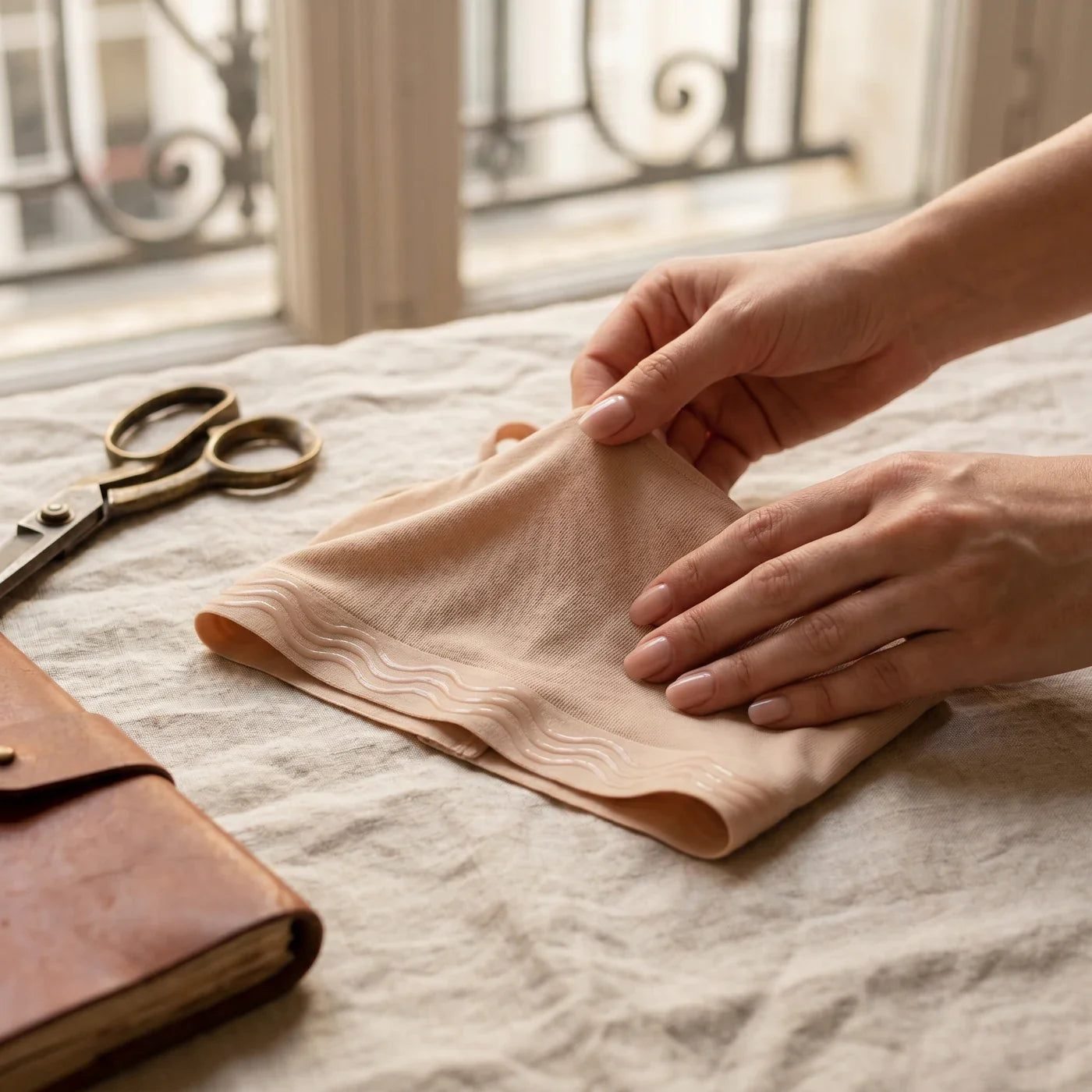 Atelier Anea — mains posant délicatement le soutien-gorge invisible, ciseaux et carnet en cuir, lumière douce parisienne